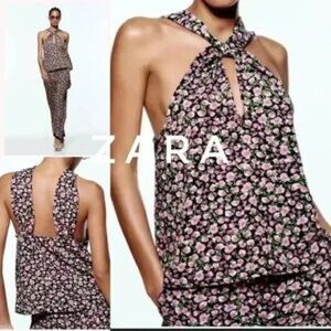 ZARA black and purple floral halter keyhole top NWT